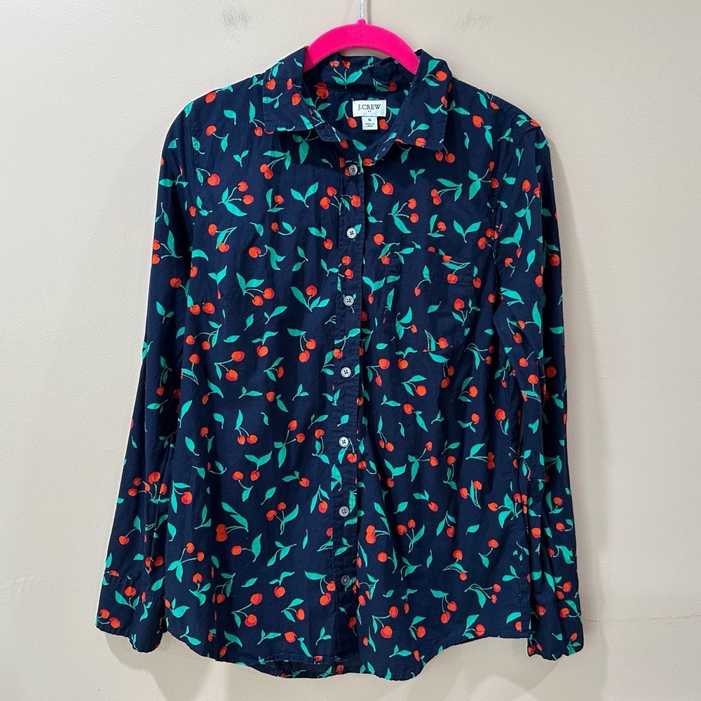 J.Crew Women S Top Shirt Cherry Print Button Cotton  Blue Red Classic #AL497